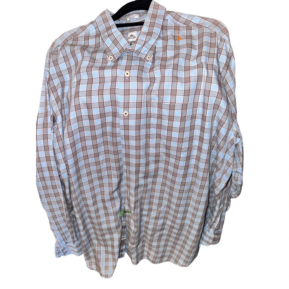 Peter Millar Mens XXL Blue Brown Plaid Button Down Long Sleeve Shirt